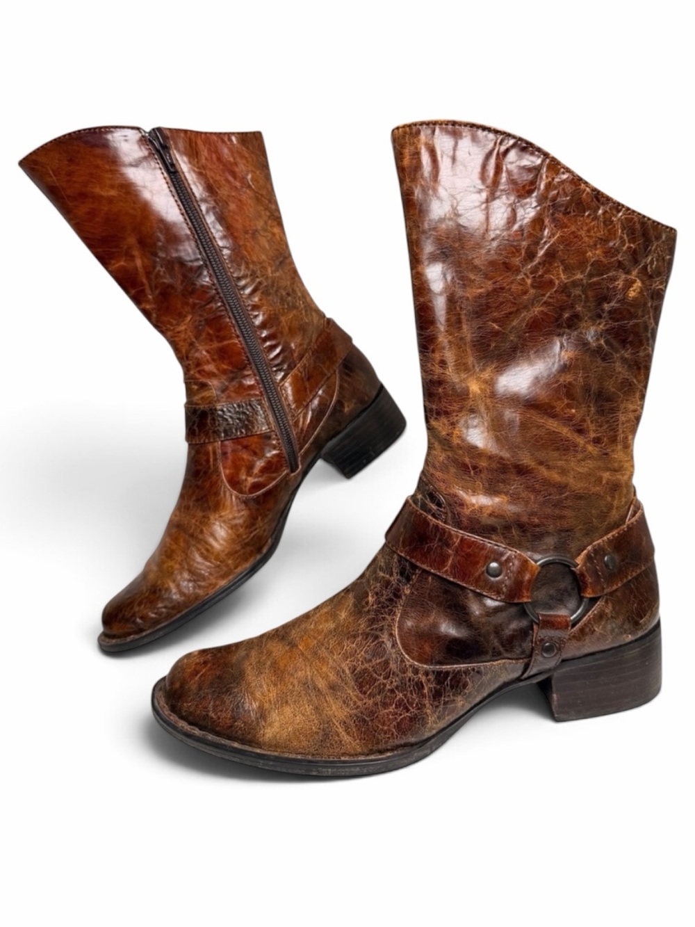 Born Crown Brown Leather Harness Moto Boots Womens 7.5
